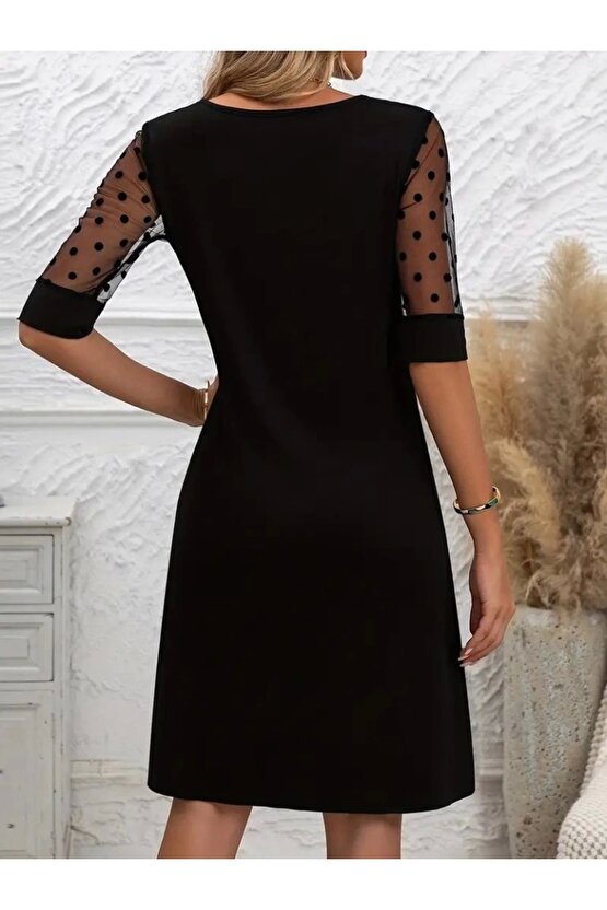 Kadın Puantiyeli Tül Kollu Bisiklet Yaka Janjan Krep Elbise