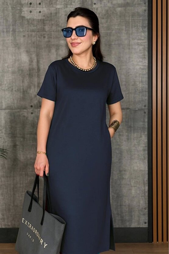 Kadın Kısa Kollu Bisiklet Yaka Yırtmaçlı Viskon Iki Iplik Elbise