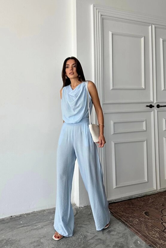 DEGAJE YAKA KOLSUZ BLUZ - PANTOLON TAKIM - Mavi