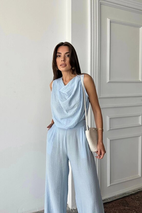 DEGAJE YAKA KOLSUZ BLUZ - PANTOLON TAKIM - Mavi