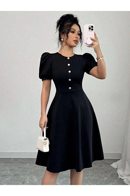 Moda Shop & Kadın Kısa Kollu Bisiklet Yaka Önden Düğmeli Ithal Krep Elbise