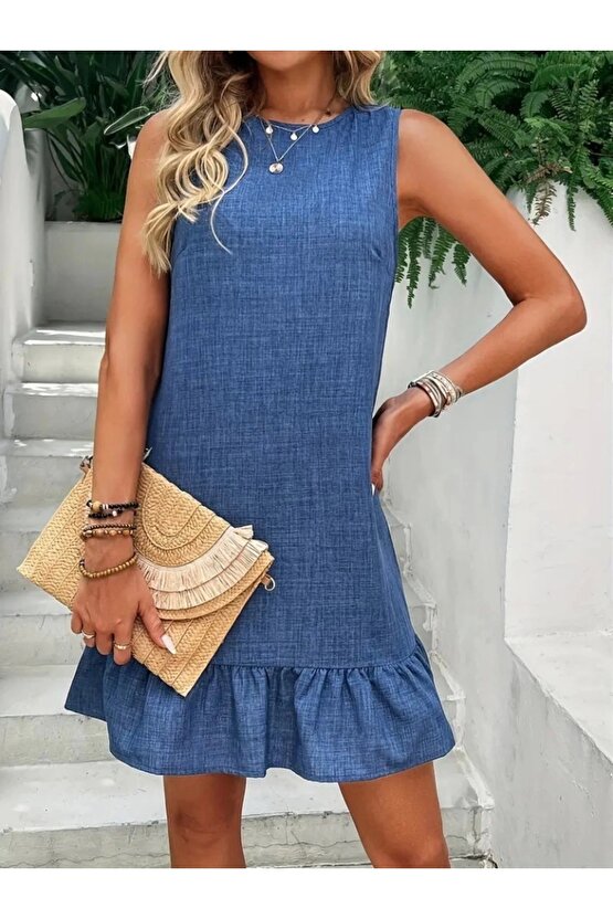 Kadın Kolsuz Bisiklet Yaka Fırfırlı Sofya Elbise