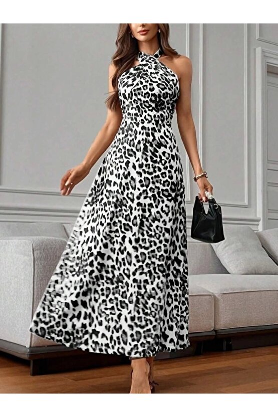 Kadın Omuzlardan Açık Boyundan Çapraz Bağlama Detaylı Süprem Elbise