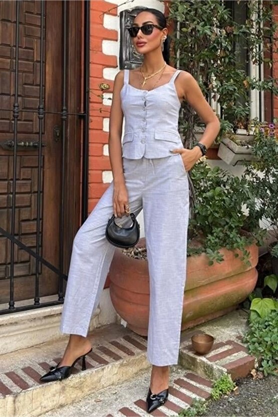 Kalın Askılı Bluz Pantolon Keten Takım 10187