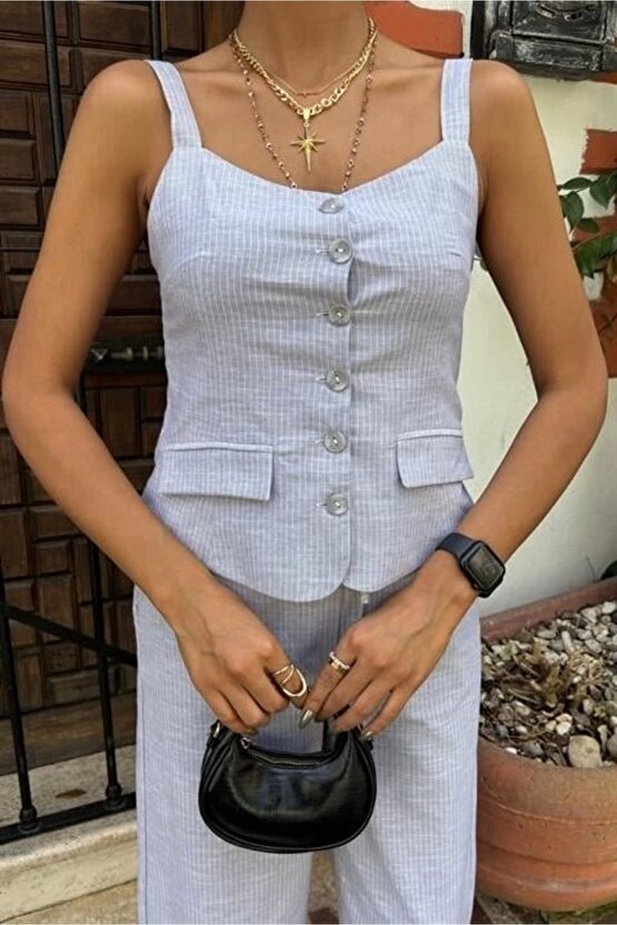 Kalın Askılı Bluz Pantolon Keten Takım 10187