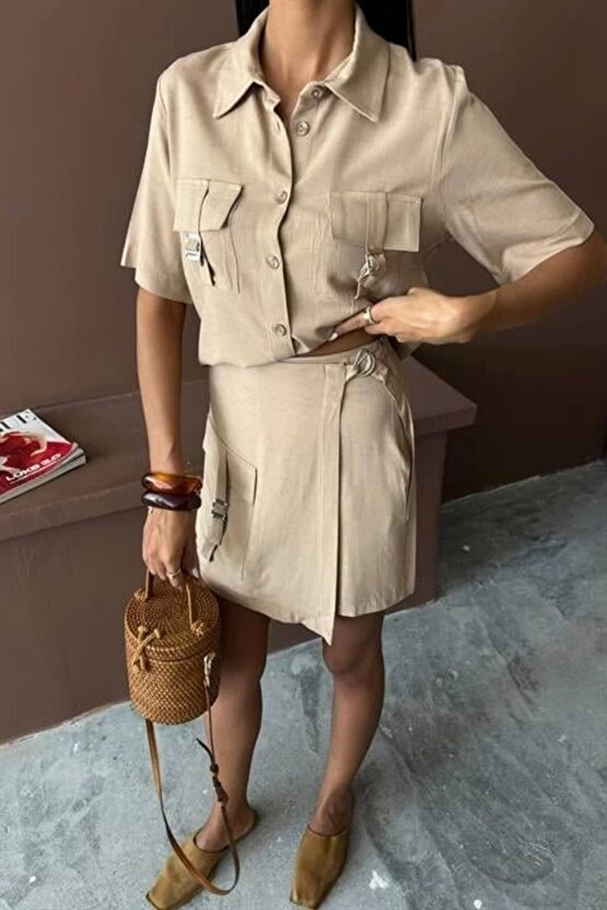 Gömlek Şort Etek Viscon Keten Takım 10162