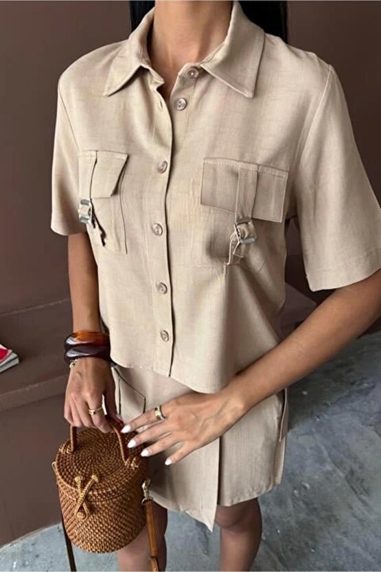 Gömlek Şort Etek Viscon Keten Takım 10162