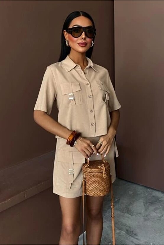 Gömlek Şort Etek Viscon Keten Takım 10162