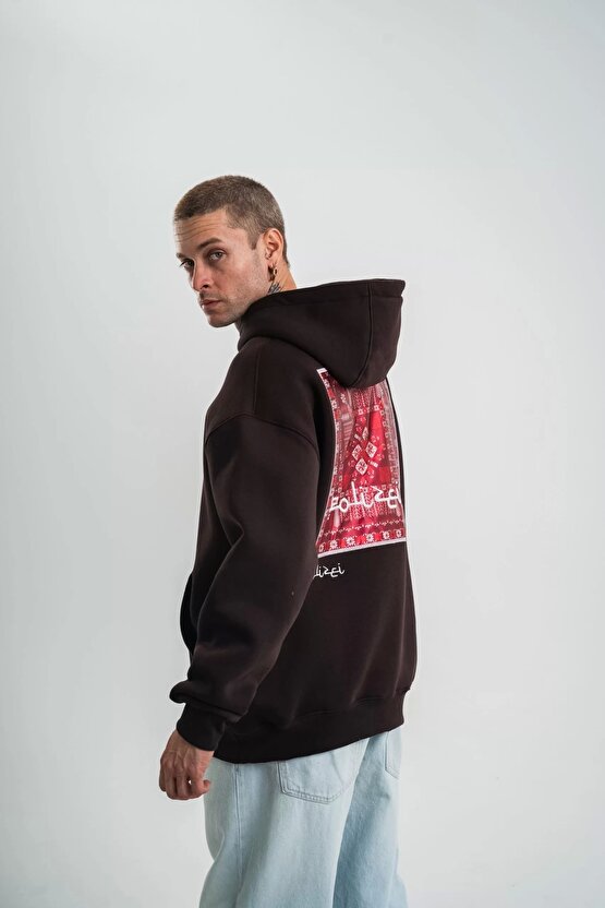 Double Oversize Kapşonlu Dijital Patchli SweatShirt - Kahve