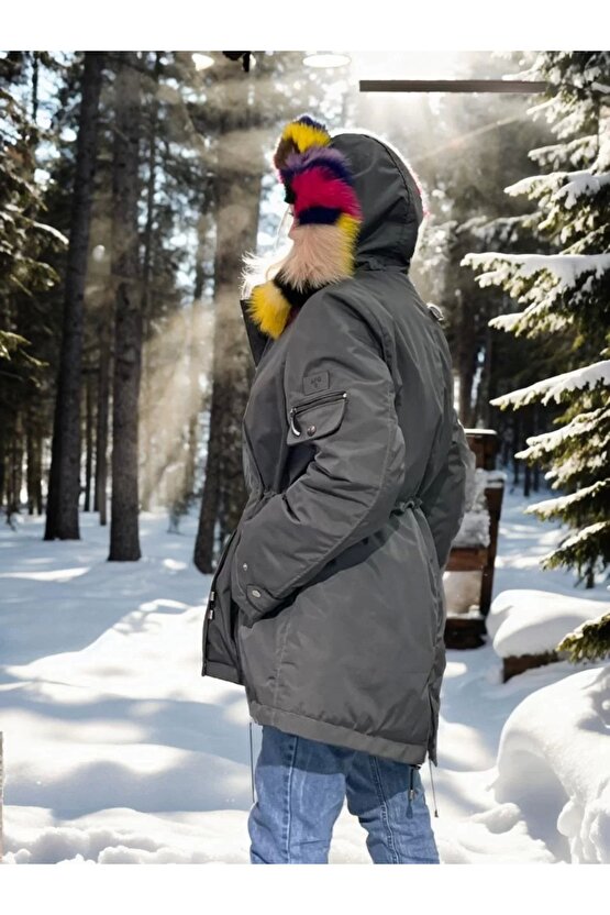 Kadın Su Geçirmez Kapüşonlu Mont - Füme