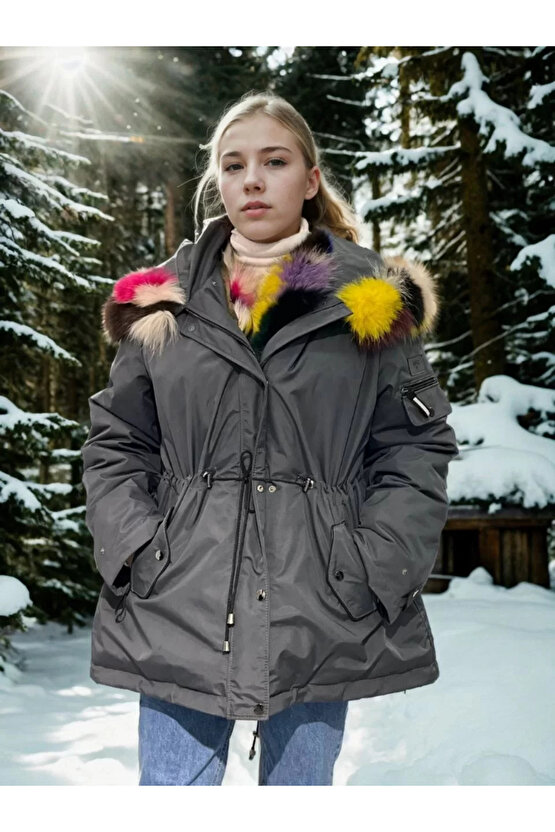 Kadın Su Geçirmez Kapüşonlu Mont - Füme