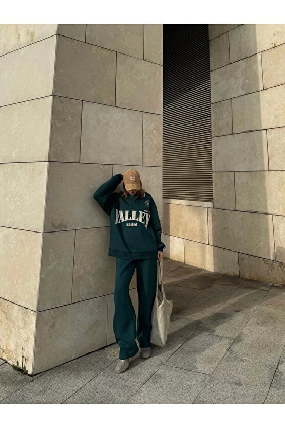 Üç İplik Yakalı Sweat Baggy Pantalonlu Takım - Yeşil