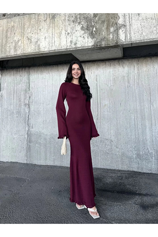 Acık Sırt Detaylı Maxi Uzun Boy Elbise- Bordo
