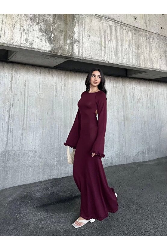 Acık Sırt Detaylı Maxi Uzun Boy Elbise- Bordo