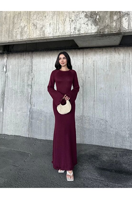 Acık Sırt Detaylı Maxi Uzun Boy Elbise- Bordo