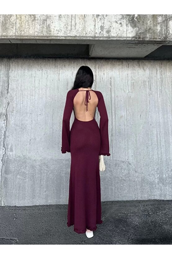 Acık Sırt Detaylı Maxi Uzun Boy Elbise- Bordo