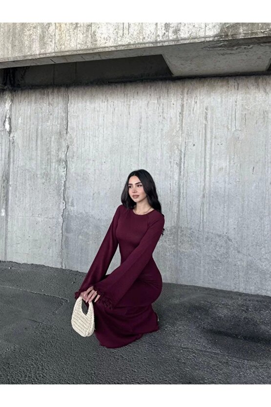 Acık Sırt Detaylı Maxi Uzun Boy Elbise- Bordo