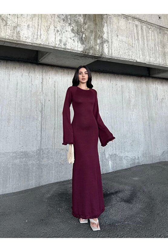 Acık Sırt Detaylı Maxi Uzun Boy Elbise- Bordo