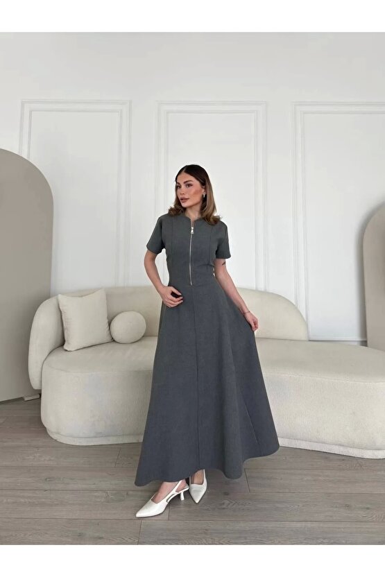 Kısa Kollu Önden Fermuarlı Çan Etekli Uzun Elbise - Antrasit