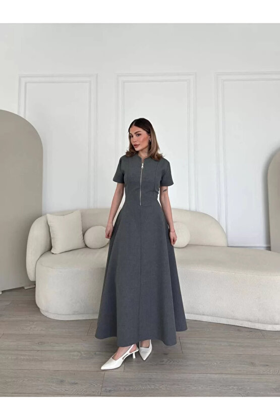 Kısa Kollu Önden Fermuarlı Çan Etekli Uzun Elbise - Antrasit