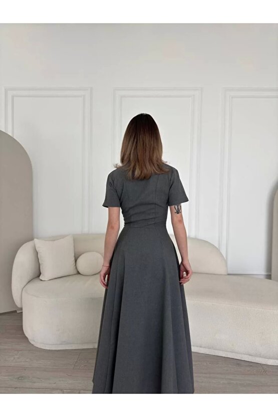 Kısa Kollu Önden Fermuarlı Çan Etekli Uzun Elbise - Antrasit
