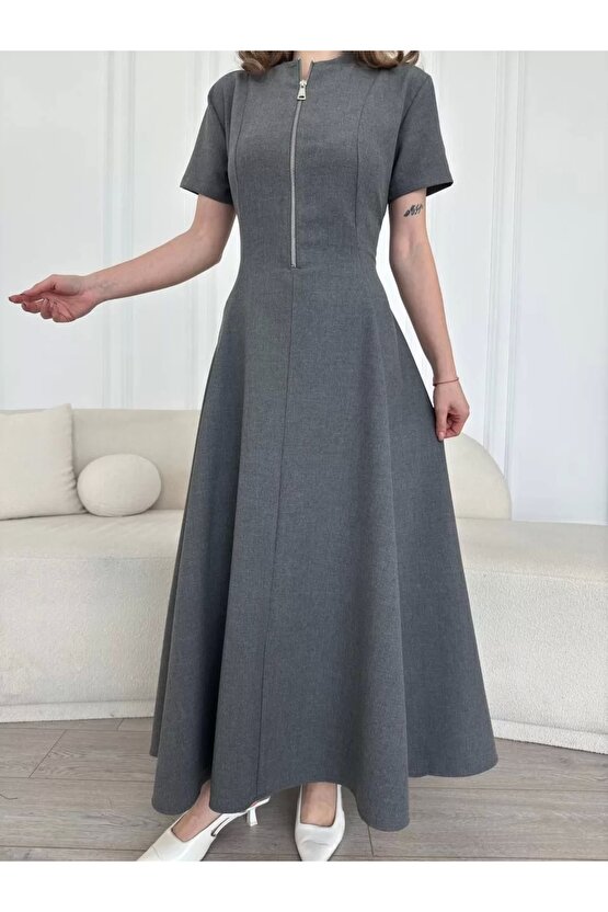 Kısa Kollu Önden Fermuarlı Çan Etekli Uzun Elbise - Antrasit