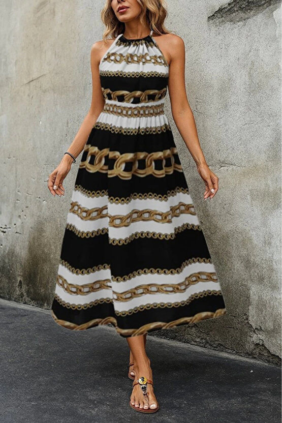 Kadın Kolsuz Boyundan Bağlamalı Beli Lastikli Dijital Baskı Süprem Uzun Elbise