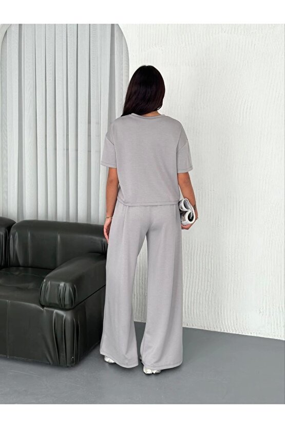 Gelirr Osy Modal Yumuşak Dokulu Kumaş Bisiklet Yaka T-shirt Bol Paça Pantalon Ikili Takım - Boyalı