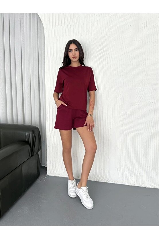 Osy Modal Yumuşak Dokulu Kumaş Kadın Parçalı Bisiklet Yaka T-shirt Kısa Şort Ikili Takım - Bordo