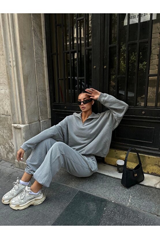 Yıkamalı iki iplik Kumaş Yakalı Fermuarlı Oversize Eşofman Takımı - Gri