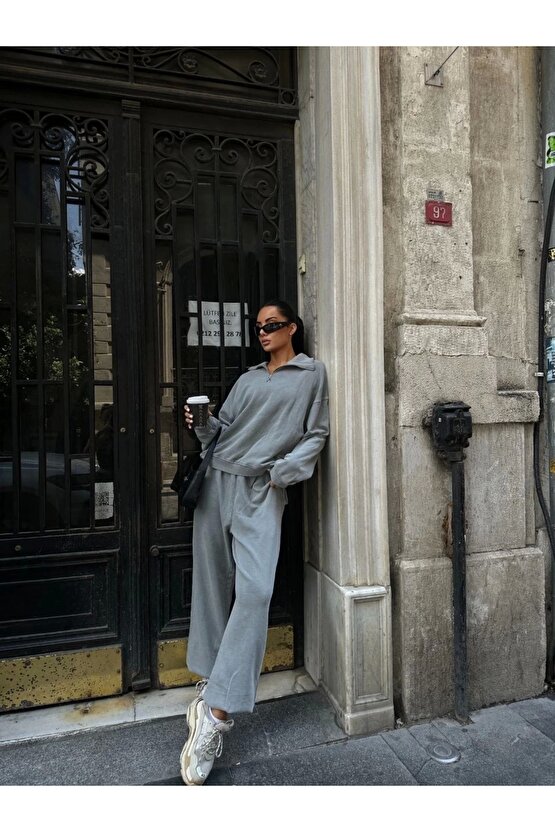 Yıkamalı iki iplik Kumaş Yakalı Fermuarlı Oversize Eşofman Takımı - Gri