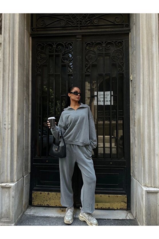 Yıkamalı iki iplik Kumaş Yakalı Fermuarlı Oversize Eşofman Takımı - Gri