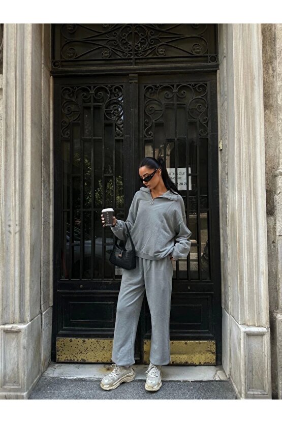 Yıkamalı iki iplik Kumaş Yakalı Fermuarlı Oversize Eşofman Takımı - Gri