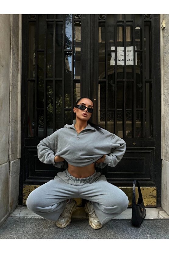 Yıkamalı iki iplik Kumaş Yakalı Fermuarlı Oversize Eşofman Takımı - Gri