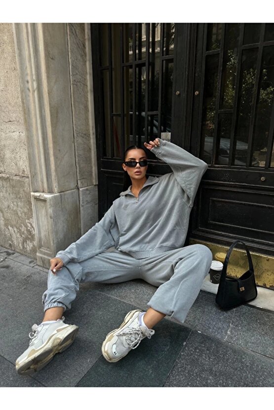 Yıkamalı iki iplik Kumaş Yakalı Fermuarlı Oversize Eşofman Takımı - Gri