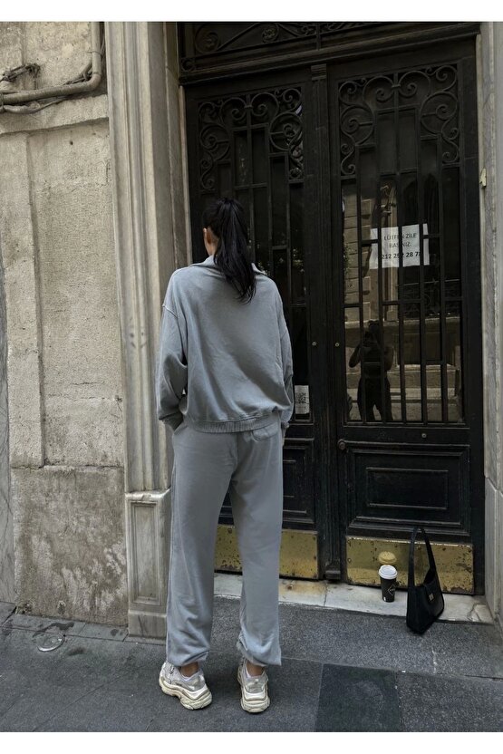 Yıkamalı iki iplik Kumaş Yakalı Fermuarlı Oversize Eşofman Takımı - Gri