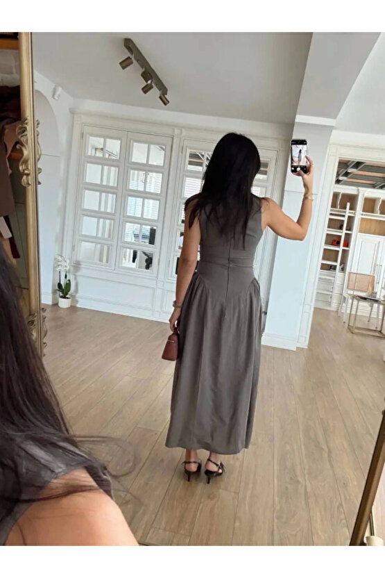 Kolsuz Uzun Kabardin Elbise - Gri