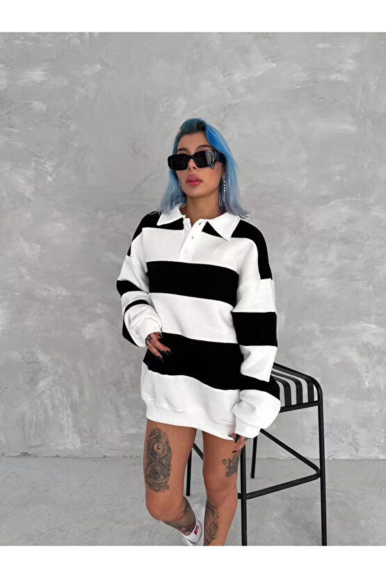 Unisex Üç İplik Parçalı Yakalı SweatShirt - Siyah