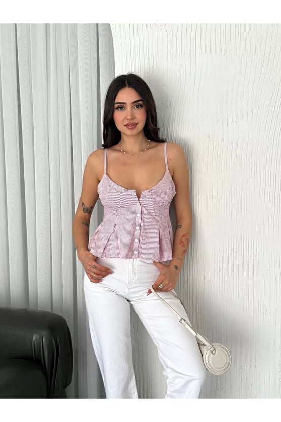 Moda Shop & Butik Askılı Dekolte Deraylı Crop - Kırmızı
