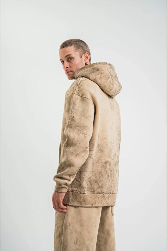 Moda Shop & Butik Unisex Double Oversize Kapşonlu Yıkamalı Sweatshirt - Bej