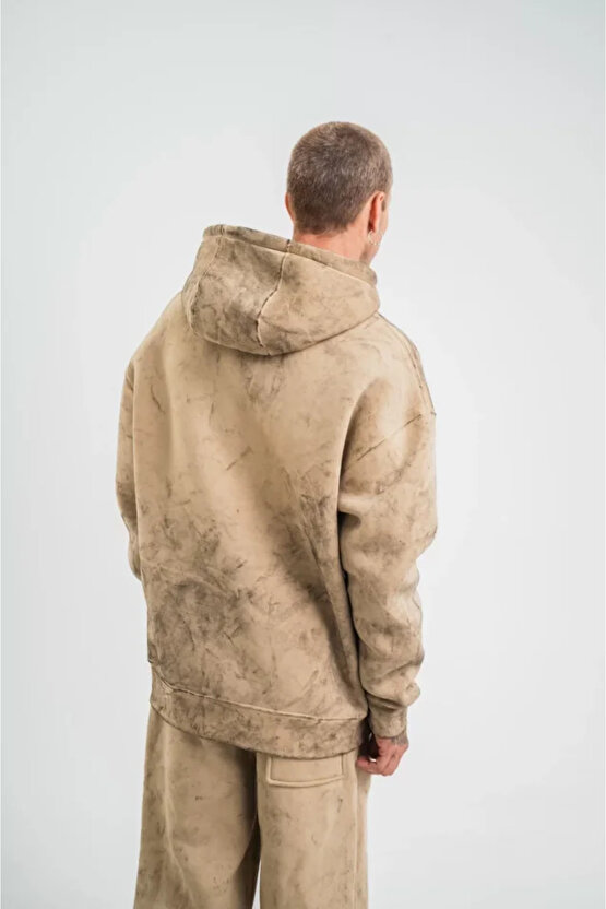 Moda Shop & Butik Unisex Double Oversize Kapşonlu Yıkamalı Sweatshirt - Bej