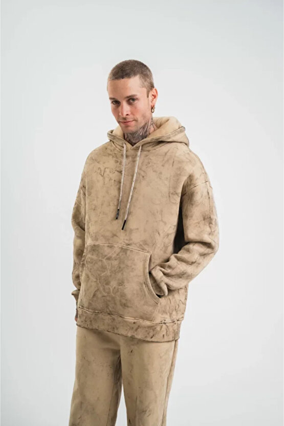 Moda Shop & Butik Unisex Double Oversize Kapşonlu Yıkamalı Sweatshirt - Bej