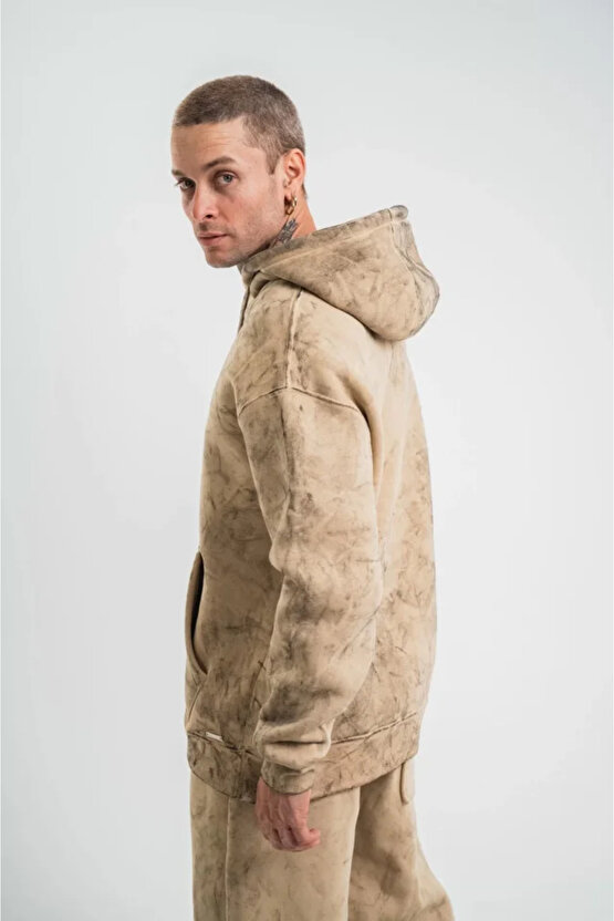 Moda Shop & Butik Unisex Double Oversize Kapşonlu Yıkamalı Sweatshirt - Bej