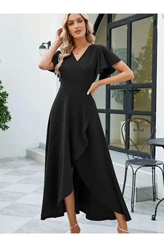 Kadın Kısa Kollu Kruvaze Yakalı önden Volanlı çapraz Kesim Detaylı Maksi Boy Ithal Krep Elbise