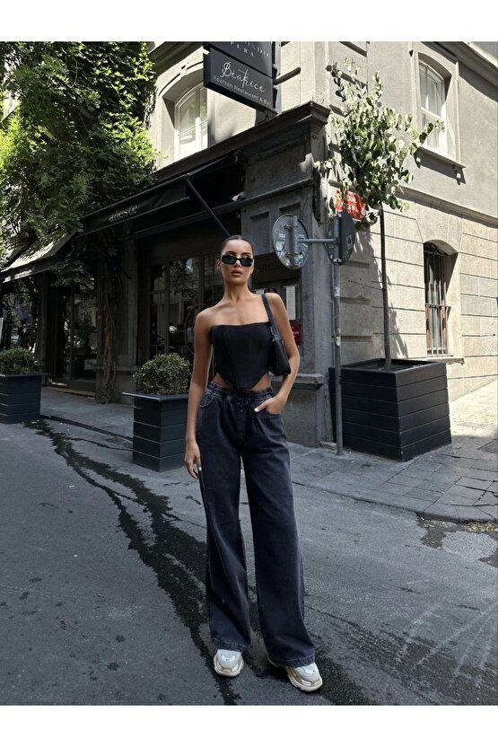 Kadın Arkadan Yırtmaçlı Jeans Kot Palazzo Pantolon - Siyah