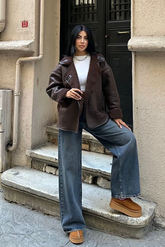 Kadın İçi Kürklü Oversize Süet Deri Mont - Peluş Astarlı Else Kışlık Ceket