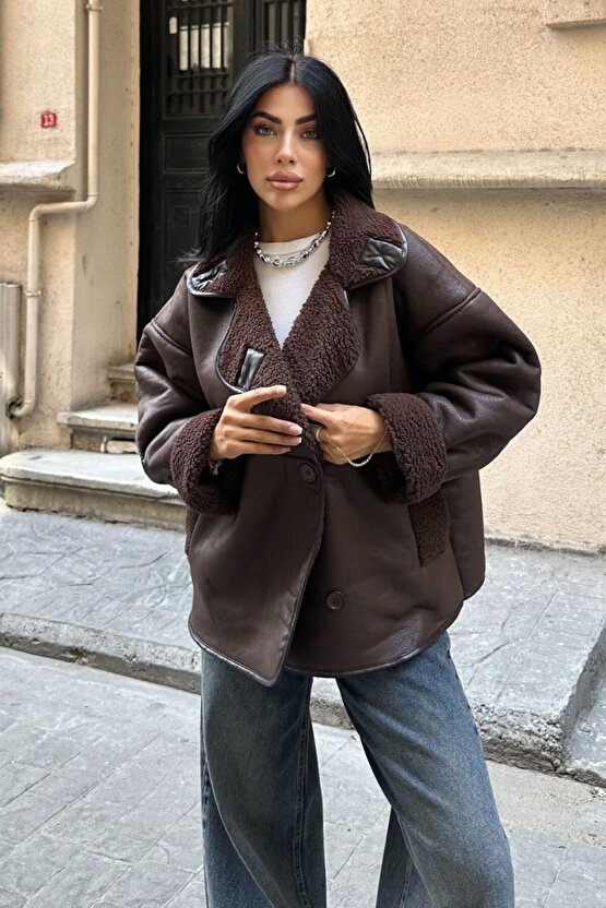 Kadın İçi Kürklü Oversize Süet Deri Mont - Peluş Astarlı Else Kışlık Ceket