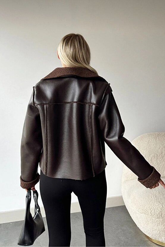 Kadın Kahverengi Çift Cepli Içi Kürklü Suni Deri Biker Ceket