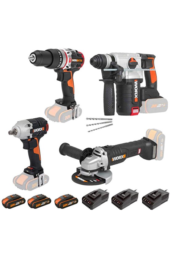 WXKS5 WX354.9 + WX272.9 + WX380.9 + WX812.9 + WA3601 20V2Ah Pro Kombo Set