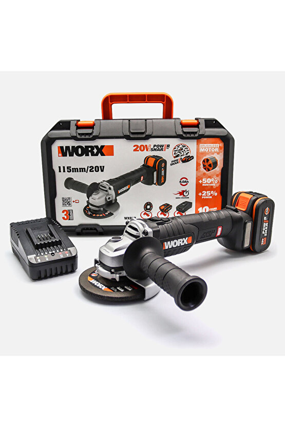 Wx813 20volt 4.0ah. Li-ion Tek Akülü 115mm Kömürsüz Profesyonel Şarjlı Avuç Taşlama
